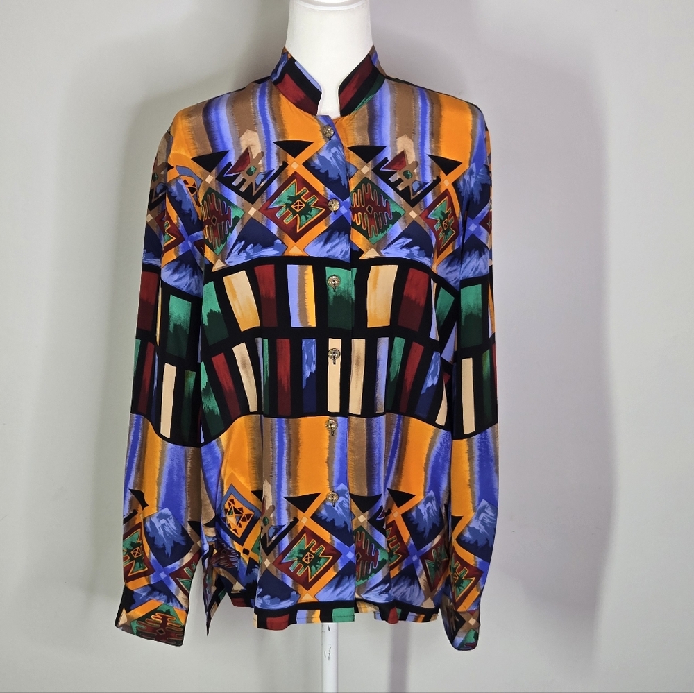 Vintage 90s Southwestern  Button Down Silk Blouse Size 10